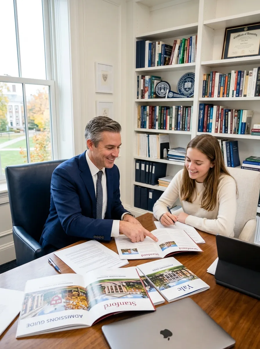Ivy League admissions consultant reviewing applications with a student
